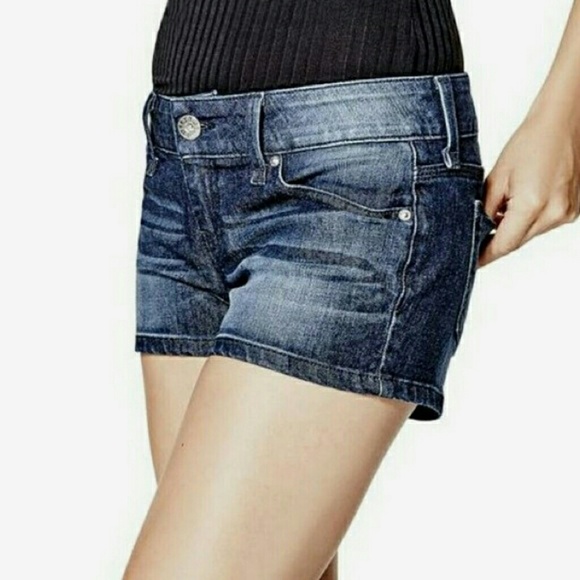 GUESS DARK WASH CURVY DENIM JEAN SHORTS NO 2 ALIKE - Picture 1 of 8